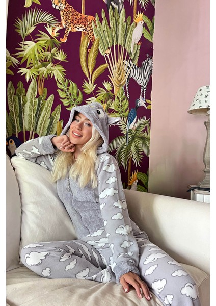 Bulut Desenli Kadın Polar Peluş Tulum Pijama Takımı