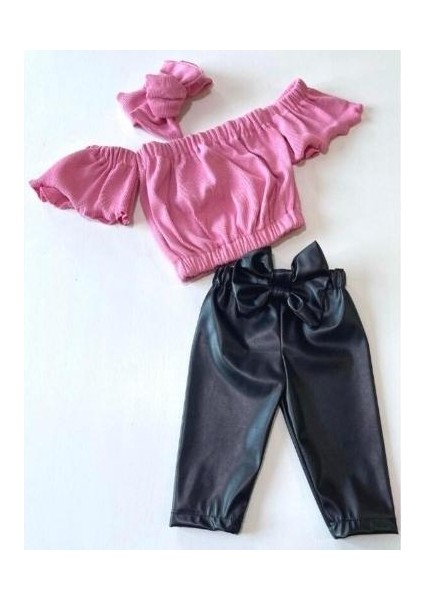 Kız Çocuk, Likralı Deri Fiyonk Detaylı Pantolon, Pembe Straplez Crop Bluz ve Saç Bandı Takımı.