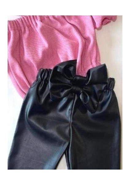 Kız Çocuk, Likralı Deri Fiyonk Detaylı Pantolon, Pembe Straplez Crop Bluz ve Saç Bandı Takımı.