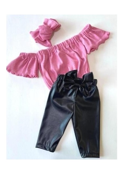 Kız Çocuk, Likralı Deri Fiyonk Detaylı Pantolon, Pembe Straplez Crop Bluz ve Saç Bandı Takımı.