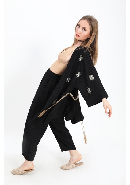 Keten Kimono Takım Göz Nakışlı - Siyah fiyatları