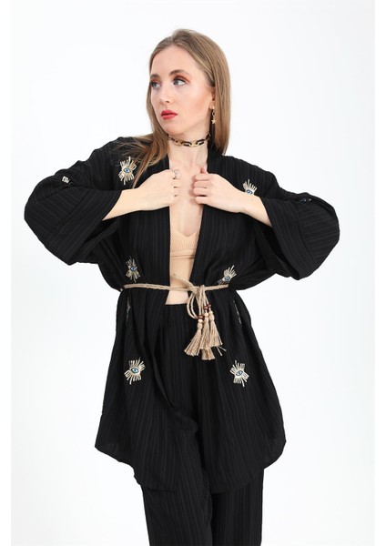 Keten Kimono Takım Göz Nakışlı - Siyah indirimleri