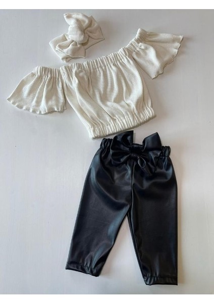 Kız Çocuk, Likralı Deri Fiyonk Detaylı Pantolon, Krem Straplez Crop Bluz ve Saç Bandı Takımı.