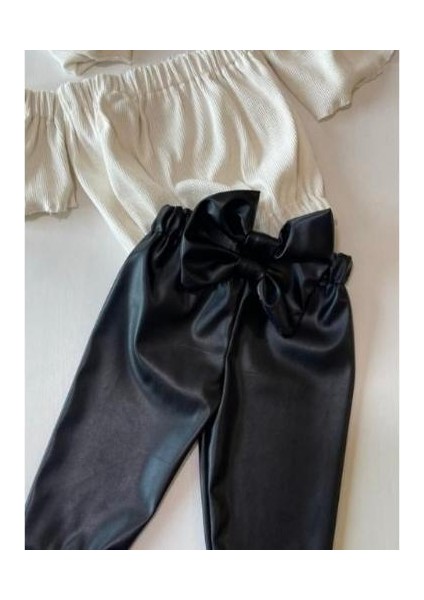 Kız Çocuk, Likralı Deri Fiyonk Detaylı Pantolon, Krem Straplez Crop Bluz ve Saç Bandı Takımı. fiyatları