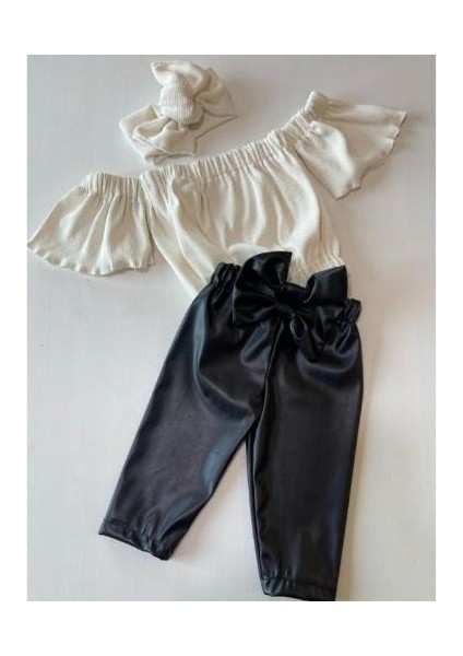Kız Çocuk, Likralı Deri Fiyonk Detaylı Pantolon, Krem Straplez Crop Bluz ve Saç Bandı Takımı. fırsatları