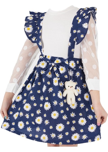 Kız Çocuk Çiçek Desenli Kolları Tül Ayıcıklı Salopet Lacivert fiyatları