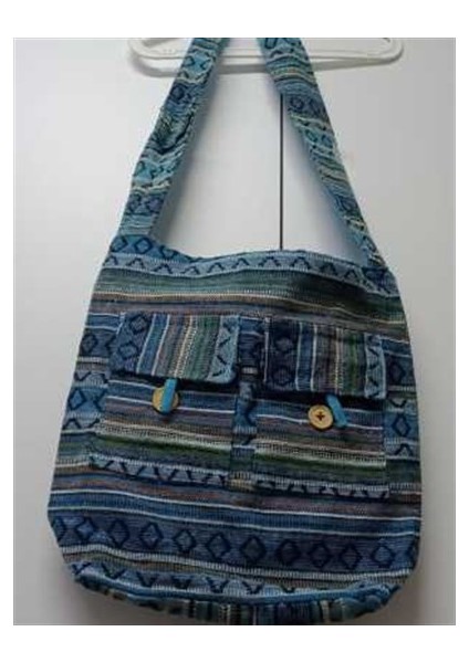 Mavi Etnik Kilim Desenli Astarlı Dokuma Omuz Çantası