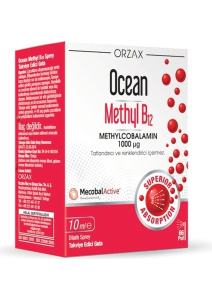 Ocean Methyl B12 10 ML Dilaltı Sprey Takviye Edici Gıda