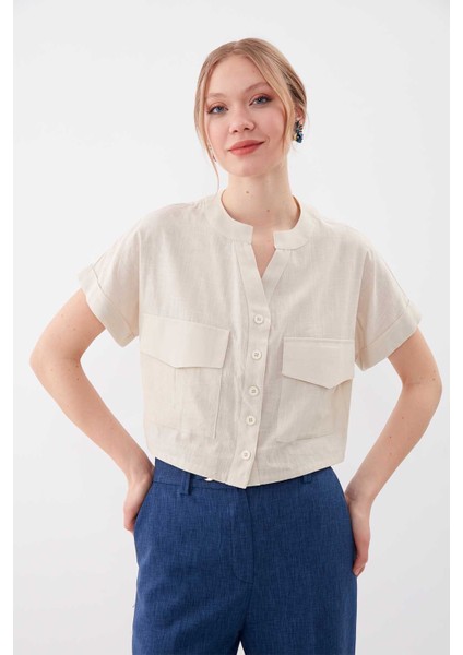 Kapak Cepli Viskon Keten Crop Gömlek