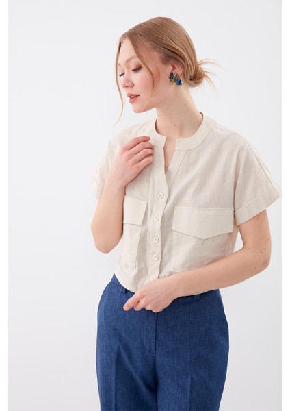 Kapak Cepli Viskon Keten Crop Gömlek fiyatları