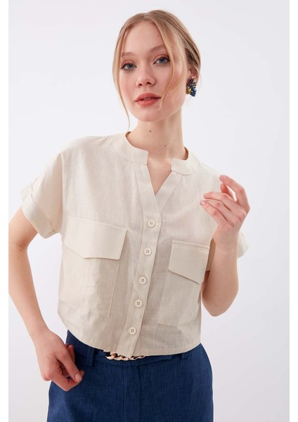 Kapak Cepli Viskon Keten Crop Gömlek modelleri