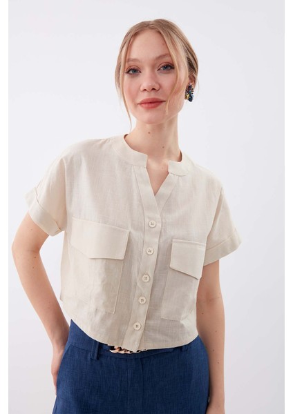 Kapak Cepli Viskon Keten Crop Gömlek fırsatları