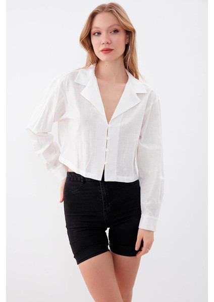 Uzun Kol Viskon Keten Crop Gömlek modelleri