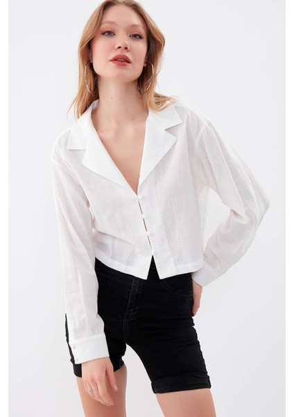 Uzun Kol Viskon Keten Crop Gömlek fırsatları