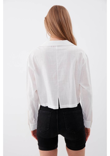 Uzun Kol Viskon Keten Crop Gömlek indirimleri