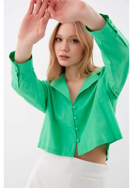 Uzun Kol Viskon Keten Crop Gömlek fiyatları
