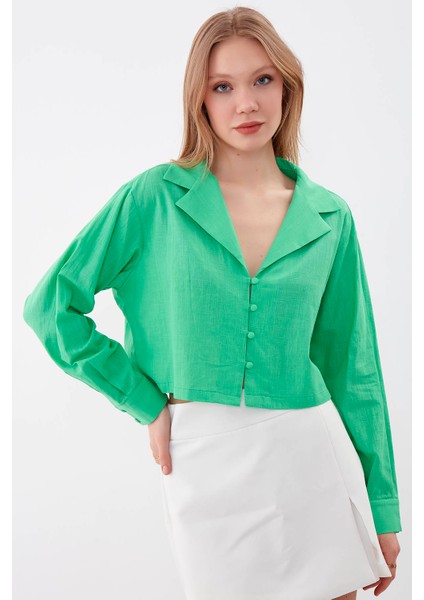 Uzun Kol Viskon Keten Crop Gömlek modelleri