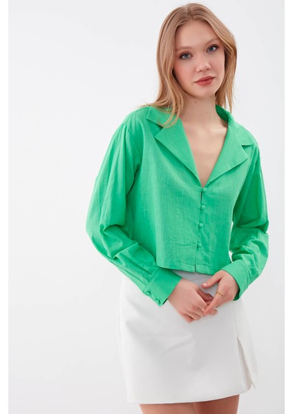 Uzun Kol Viskon Keten Crop Gömlek fırsatları