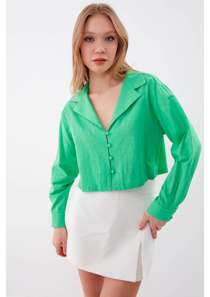 Uzun Kol Viskon Keten Crop Gömlek indirimleri