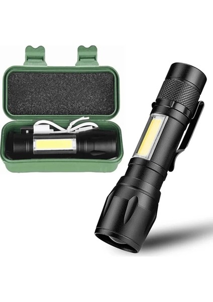 Ultra Güçlü 2500 Lumens + 5W Cob LED USB Şarjlı El Feneri Kutulu Kamp Feneri Avcılık Feneri