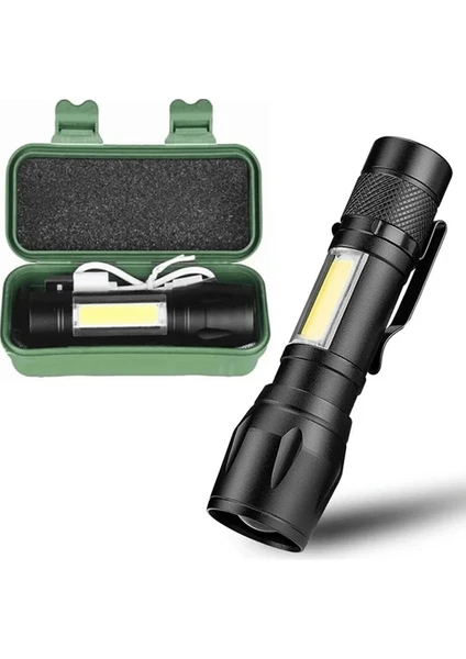 Ultra Güçlü 2500 Lumens + 5W Cob LED USB Şarjlı El Feneri Kutulu Kamp Feneri Avcılık Feneri