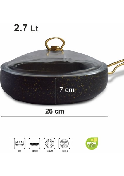 26 cm Cam Kapaklı Granit Düz Tava Altın Renk Kulplu fiyatları
