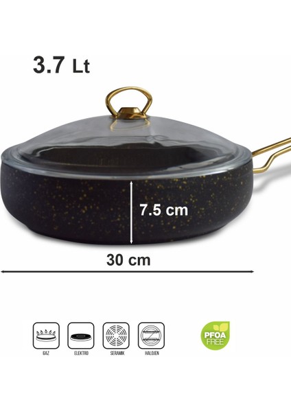 30 cm Cam Kapaklı Granit Düz Tava Altın Renk Kulplu