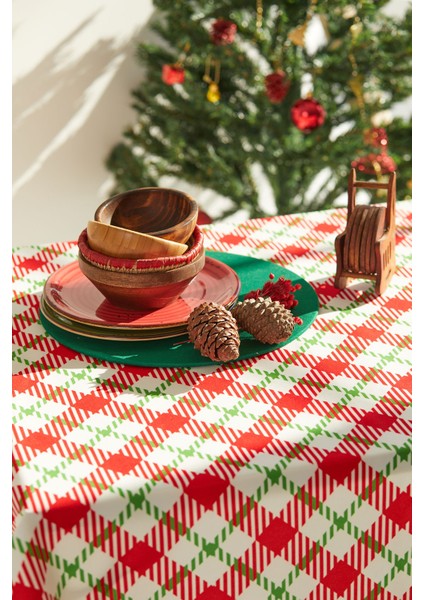 Ayshome Ekru Kırmızı Ekoseli Yılbaşı Masa Örtüsü modelleri