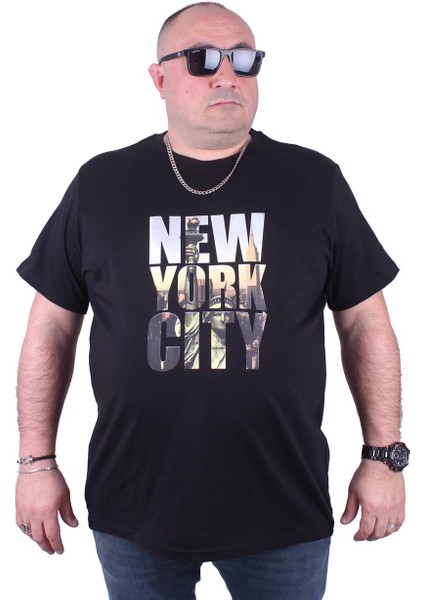 Mocgrande Büyük Beden Sıfır Yaka Tişört New York City 23125 Siyah