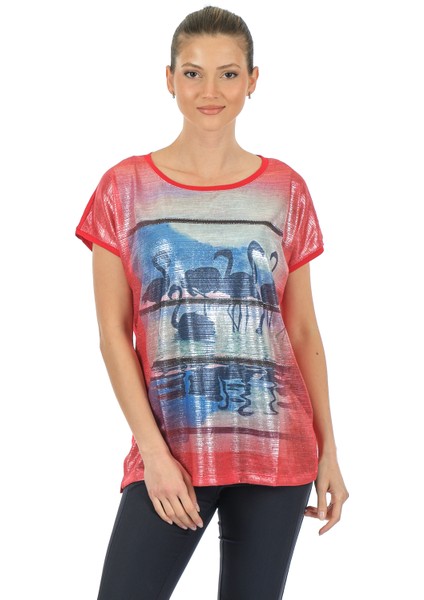 Oversize Flamingo Desenli Kadın T-Shirt - Kısa Kol Rahat Günlük