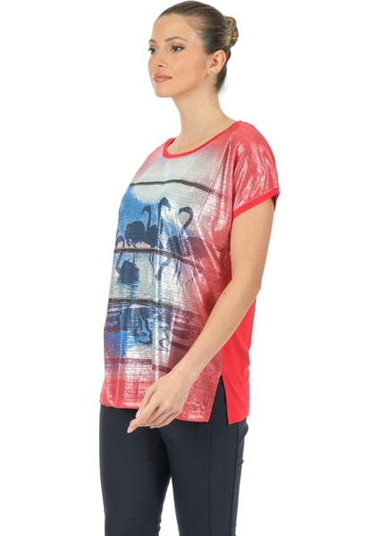 Oversize Flamingo Desenli Kadın T-Shirt - Kısa Kol Rahat Günlük fırsatları