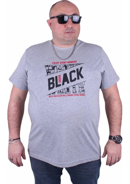 Mocgrande Büyük Beden Erkek Baskılı Tişört Black 23127 Gri Melanj