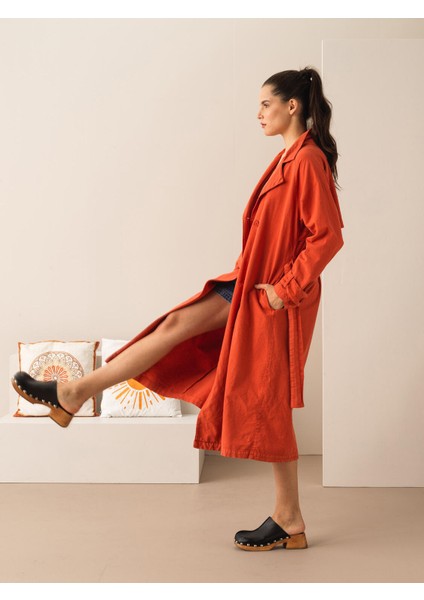 Pamuk Keten Karışımlı Oversize Trençkot
