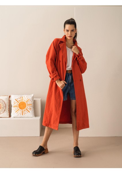 Pamuk Keten Karışımlı Oversize Trençkot