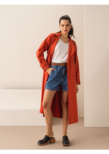 Pamuk Keten Karışımlı Oversize Trençkot