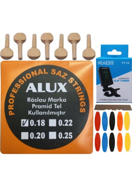 0.18 Pramid Kısa Sap Bağlama Teli Akort Cihazı + Akgürgen Burgu + Tezene + Eşik 5'li Set