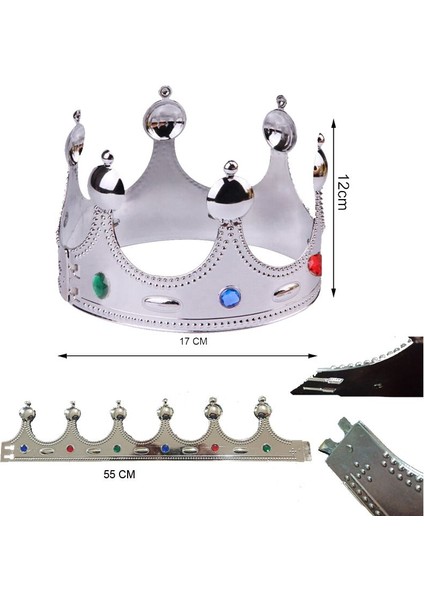 Gümüş Renk Birleştirmeli Prens Taç Plastik Kral Tacı 1 Adet Çocuk Boy