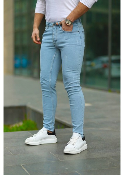 Erkek Buz Mavi Lazerli Skinny Fit Jean Pantolon