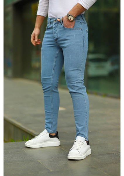 Erkek Açık Mavi Lazerli Skinny Fit Jean Pantolon