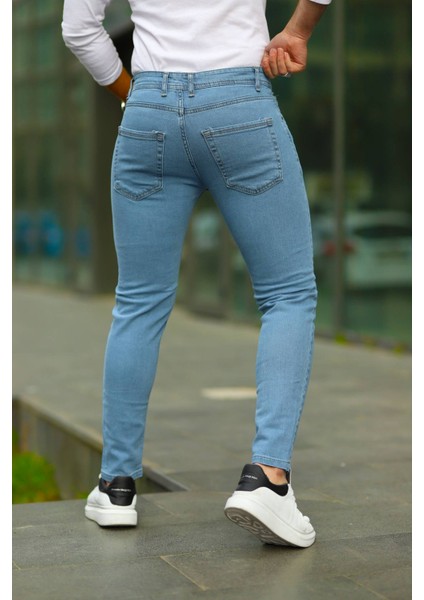 Erkek Açık Mavi Lazerli Skinny Fit Jean Pantolon