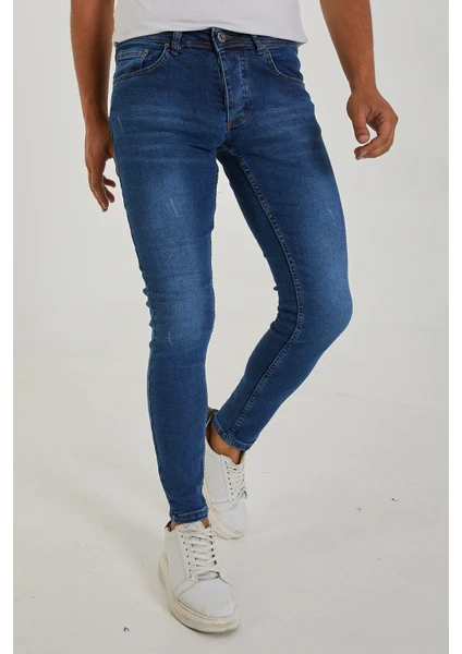 Erkek Mavi Lazerli Skinny Fit Jean Pantolon