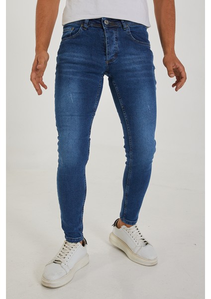 Erkek Mavi Lazerli Skinny Fit Jean Pantolon