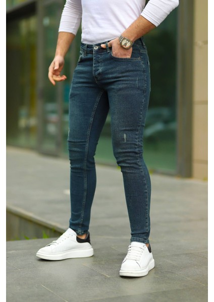 Erkek Yeşil Lazerli Skinny Fit Jean Pantolon