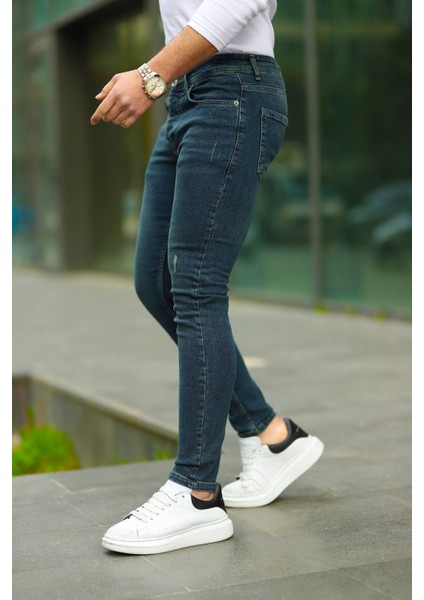 Erkek Yeşil Lazerli Skinny Fit Jean Pantolon