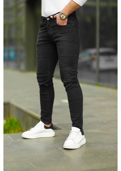 Erkek Antrasit Lazerli Skinny Fit Jean Pantolon