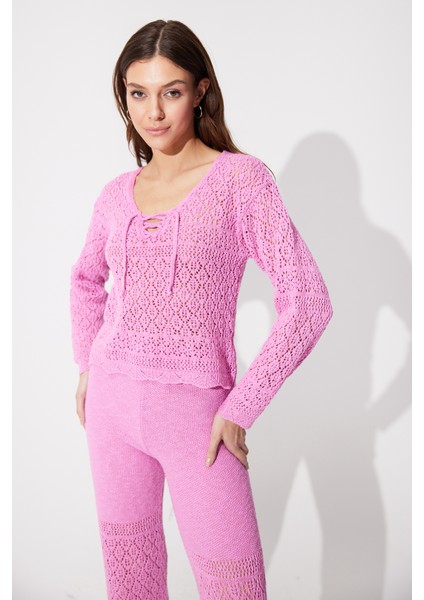 Pembe Örgü Desenli Kazak Pantolon Takım SWTK4557-58PE modelleri