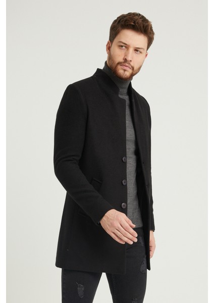 Erkek Siyah Slim Fit Dik Yaka Kaşe Kaban fiyatları