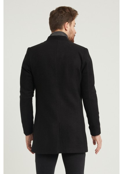 Erkek Siyah Slim Fit Dik Yaka Kaşe Kaban indirimleri
