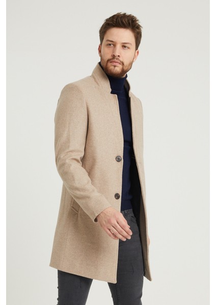 Erkek Bej Slim Fit Dik Yaka Kaşe Kaban fiyatları