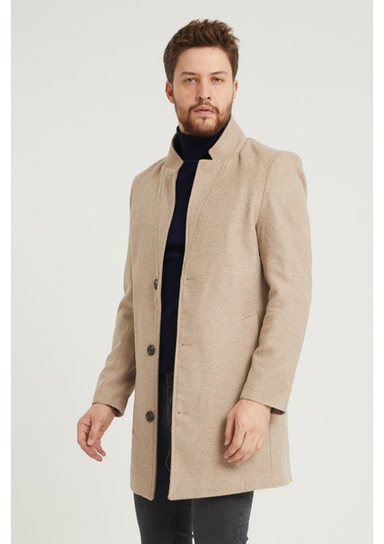 Erkek Bej Slim Fit Dik Yaka Kaşe Kaban modelleri